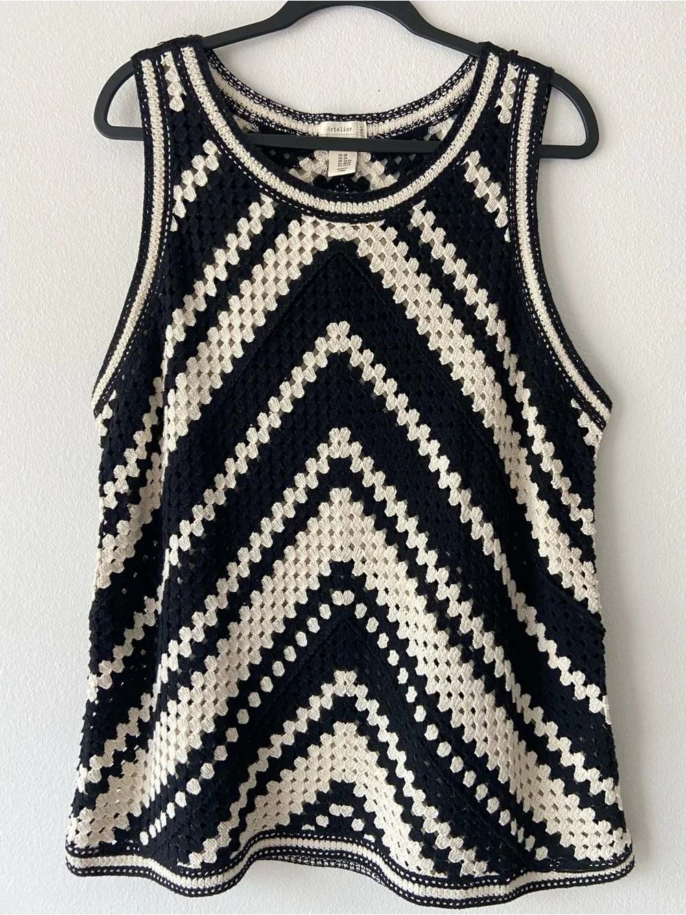 Nicole Miller Atelier Black Cream Crochet Knit Sleeveless Top Plus Size 2XL